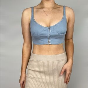 MOTEL ROCKS Powder Blue Button Up Strappy Top‎ Ribbed Crop Top Scoop Neck